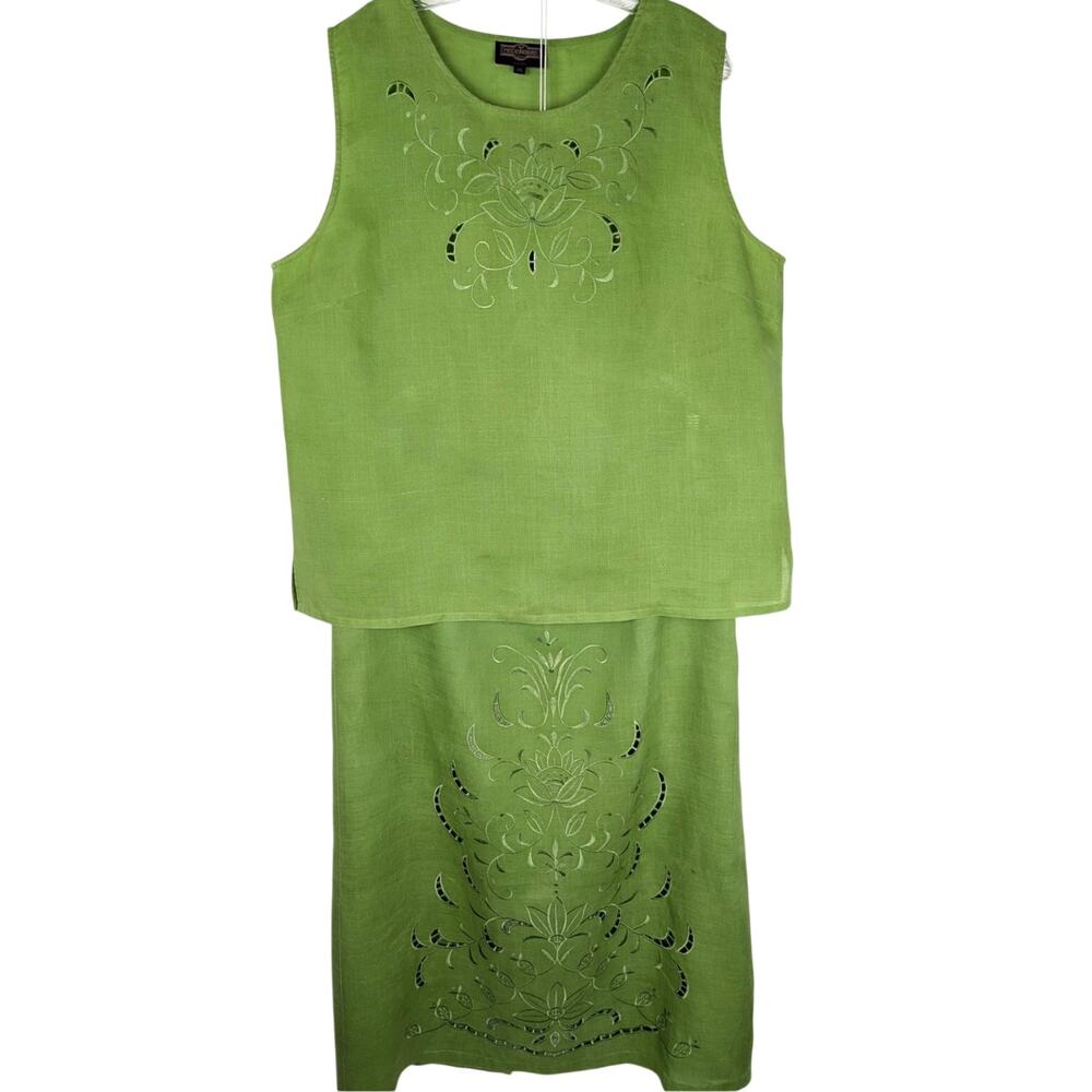 Vintage Mockingbird Lane Australia Linen Skirt Set XXL Sage Green Embroidered